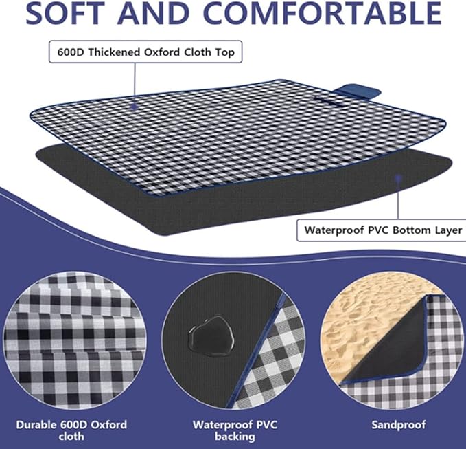 K Y KANGYUN Outdoor Picnic Blanket 80" x 80", Extra Large Beach Blanket, Foldable Lightweight Waterproof Sand Mat, Picnic Blanket for Beach Camping Hiking Park Patio (Dark Blue, 80x80 inch)