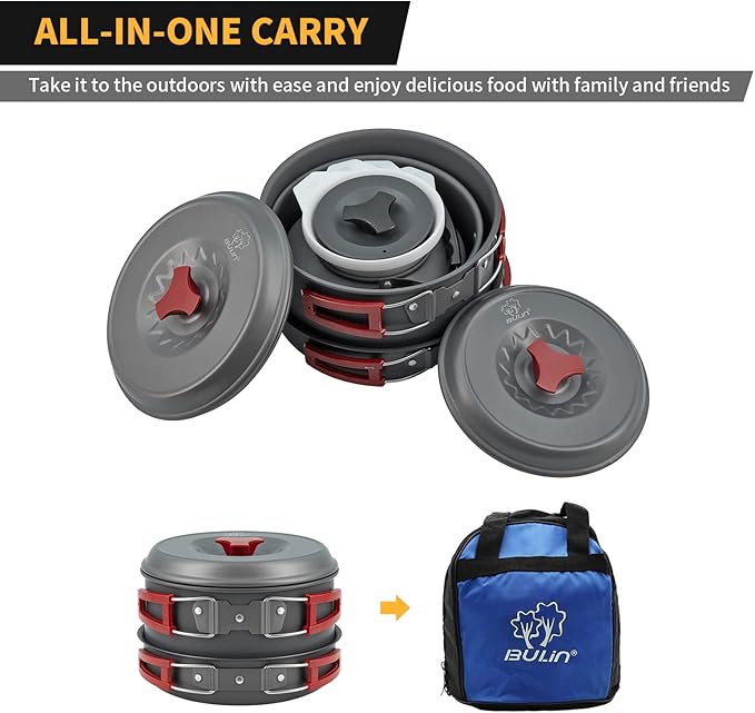 Bulin 24/13/11/8/4 PCS Camping Cookware Mess Kit Lightweight Backpacking Cooking Set Outdoor Cook Gear for Family Hiking, Picnic(Kettle, Pot, Frying Pan, Bowls, Plates, Spoon)
