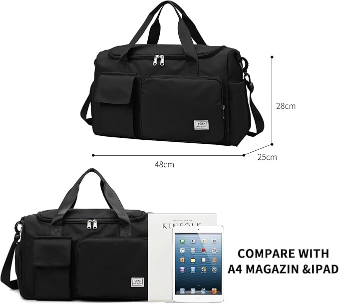 Travel Duffel Tote Bag with Dry Wet Separation Pocket, Weekender Bag for Women and Men,Waterproof Bag with Shoe Compartment Lightweight and Easy Carry on Black