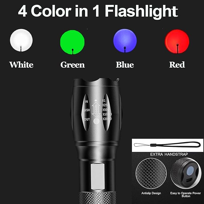 Red Flashlight Rechargeable 2 Pack, LED Green Light Flashlight, Blue Light Flashlights, 4 in 1 White Light, Red Light, Blue Lights and Green Lights, 4 Modes, Waterproof Zoomable Flash Light