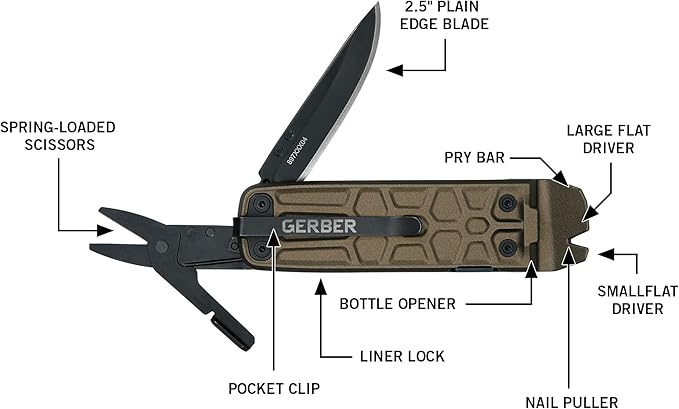 Gerber Gear Lockdown Slim Pry 7-in-1 Multi-tool - 2.5" Plain Edge Blade, Scissors, Saw - EDC Gear and Equipment - Burnt Bronze
