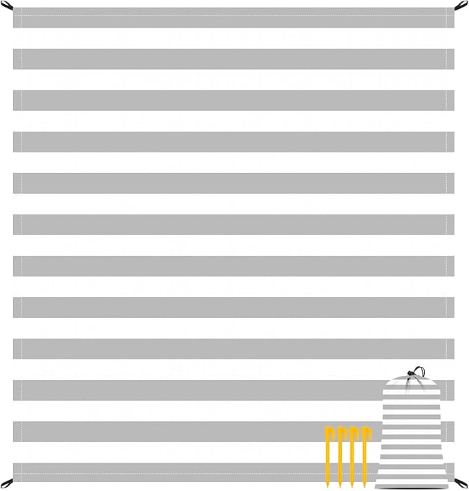 Large Beach Blanket Sandproof Waterproof, Grey Stripe Compact Beach Mat Sand Free, Portable Lightweight Picnic Mat w/Stakes & Corner Pockets for Outdoor, Travel, Camping, Hiking