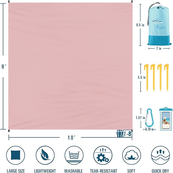 Beach Blanket Sandproof Waterproof 10'×9' 1-8 Adults Oversized,Compact Lightweight Durable Beach Mat for Travel Camping Hiking Picnic Blanket