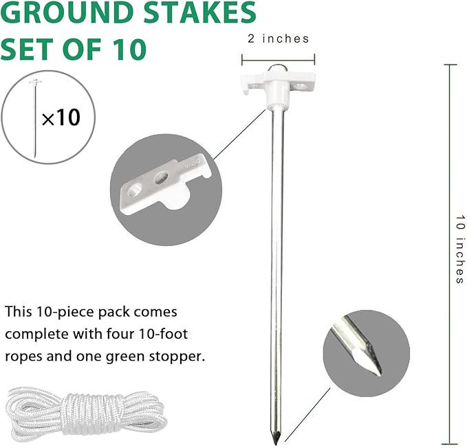 Eurmax USA Galvanized Non-Rust Camping Tent Stakes Canopy Anchors Heavy Duty 10pc-Pack, with 4x10ft Ropes & 1 White Stopper