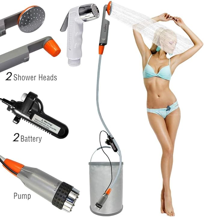 Portable Camping Shower - Portable Water Sprayer - Two Rechargeable Batteries 2200 mAh - Water Pump for Camping, Hiking, Outdoor Travel, Camping Shower Two Batteries
