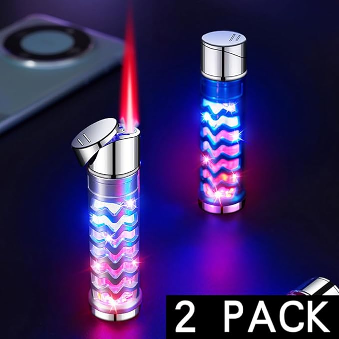 2 Pack Blue and Silver Windproof Butane Jet Torch Lighter,Funny Cool Lighters,Adjustable Jet Flame Torch,Refillable,Grill BBQ Candle Camping(Without Gas)