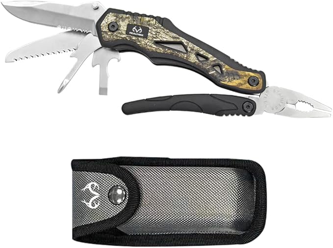 Multi Tool 10-in-1 Camo Folding Knife, Full Size Pliers Spring Loaded, 3-Inch Blade, Bottle Opener, Screwdriver, Saw, Wire Cutter, Glass Break, Cut Wood, Rope, Camping, Outdoors - 630049ECE