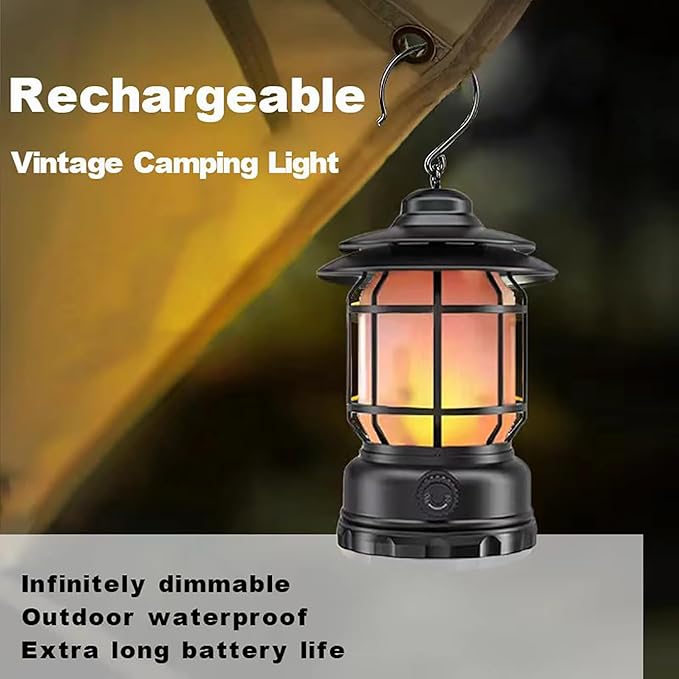 Camping Light, Waterproof Tent Light with Two Lighting Modes, Ambient Light, Ultra Long Lasting Vintage Hand Lamp, Upgraded Flickering Flame, Adjustable Brightness, Large, Black