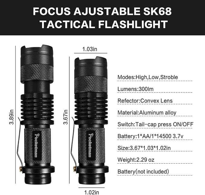 6 Pack LED Mini Flashlights 7W 300LM SK-68 3 Modes Adjustable Focus Zoomable Q5 LED Tactical Flashlight for Camping Hiking Emergency (Six Color Pack)