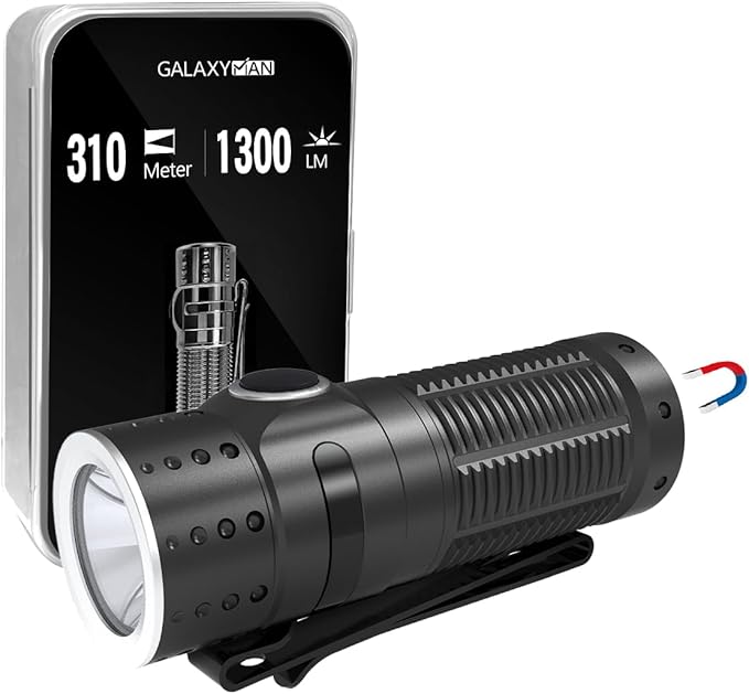 EDC Flashlight Rechargeable, 1300 High Lumen LED Mini Pocket Flash Light with Magnetic Base, 310M Throw Compact Waterproof Small Powerful Light for Home, Camping, Emergencies-Black Color