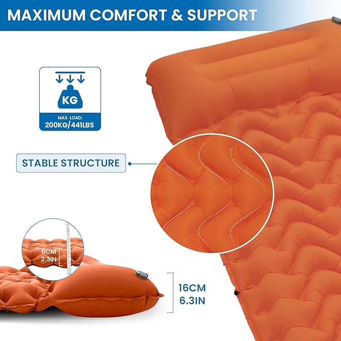 KingCamp Sleeping Pads for Camping, Self Inflating Camping Mattress with Built-in Foot Pump, Connectable Durable Inflatable Sleeping Mat with Pillow, Compact Camping Air Mattress for Camping Hiking
