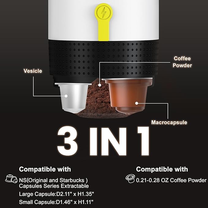 Portable Espresso Maker,Travel Coffee Maker for Camping, Car Coffee Maker Self-Heating with USB-DC,3-in-1 Extraction of 8g Ground Coffee & NS Capsule for Hiking,Office,RV(White)