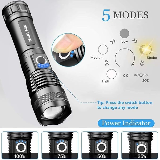 Flashlights High Lumens Rechargeable, 2 Pack XHP70 Led Flashlight, 20000 Lumen Super Bright Flashlight with 5 Modes, Waterproof Powerful Tactical Flash Light Torch for Camping Outdoor Emergency