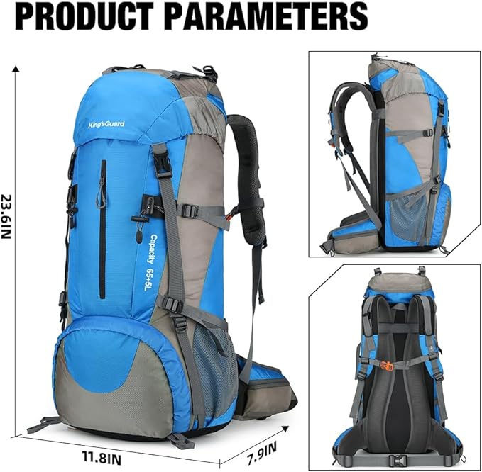 King'sGuard 70L Hiking Backpack Waterproof Camping Backpack with Rain Cover Large Lightweight Backpacking Backpack Daypack for Travel Outdoor -Frameless (Light Blue)
