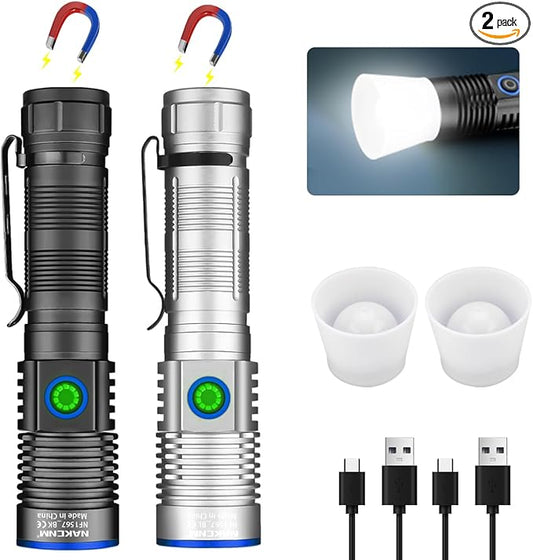 NAKCNM Magnetic Flashlight LED Rechargeable Flashlights High Lumens, 25000lm 4 Modes with Clip&Diffuser, Waterproof Super Bright Flashlights for Home Emergency Camping, Dimmable (Black+Silver)