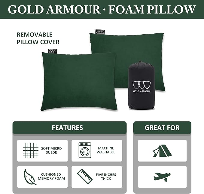 Gold Armour Camping Pillow Memory Foam - Compact Compressible Backpacking, Hammock, and Travel Pillows for Kids and Adults - Essential Outdoor & Camping Gear (Medium 14x18in, Green)