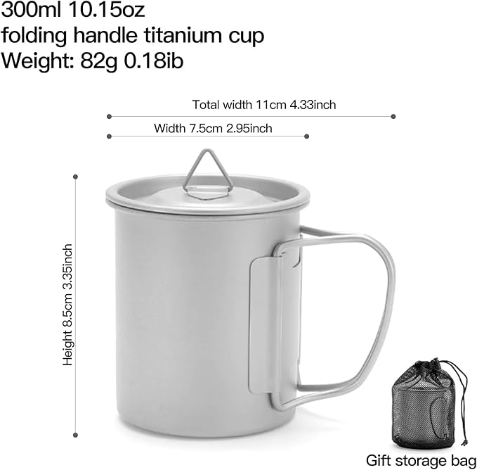 Titanium Camping Mug 300ml/10.1oz Lightweight Titanium Pot with Lid Foldable Handle Tea Cup Coffee for Outdoor Backpacking Hiking Traveling Picnic