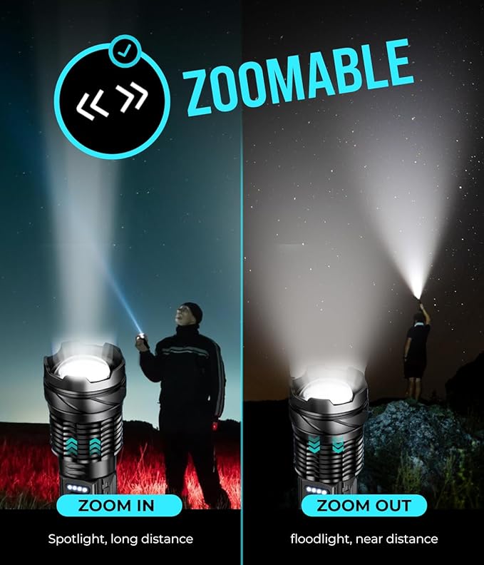 LED Flashlight High Lumens, Zoomable & Waterproof, 5 Modes, High-Powered Tactical Flashlight for Camping Gear, Hiking, Emergency, Rechargeable Flashlights, LED Outdoor Lights