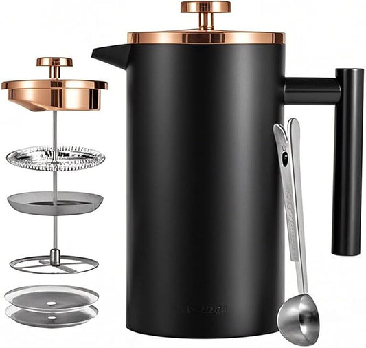 Black French Press Stainless Steel 34oz, Double Wall Insulated Coffee Press 1L for travel camping with 2 Extra Filter Screens and 1 Coffee Spoon(8cup 1000ml)