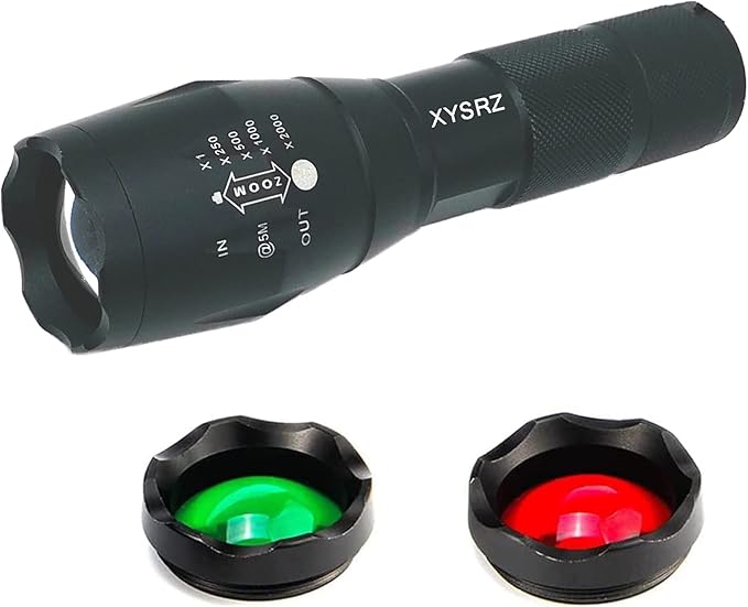 3-Color-Light Flashlight Single Mode Flashlight with Red Green Lens Zoomable LED Flashlight for Hunting Astronomy Camping Night Vision