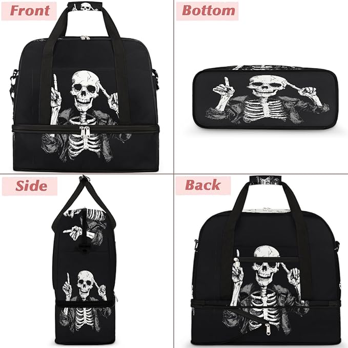 Sports Gym Bag, Human Skeleton Skull Halloween Travel Duffel Bag with Shoes Compartment Waterproof Overnight Bag Workout Weekender Bag Boys Girls Yoga Dance Bag Gym Tote Bag for Women Men
