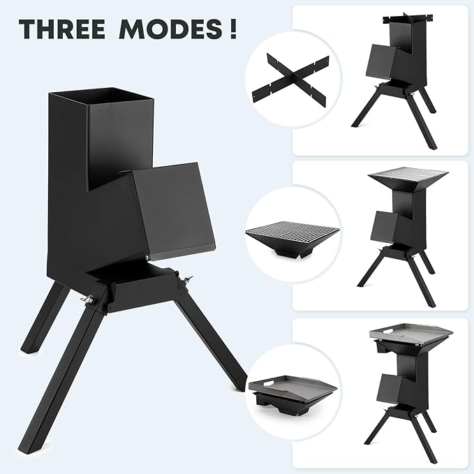 Stanbroil 3 in 1 Rocket Stoves with Grill Rack, Griddle and Pot Cooking Stand, Heavy Duty Wood Burning Stoves for Cooking, Camping wood Stove Kit for Off-Grid Supply, Outdoor Grilling Cooking Event