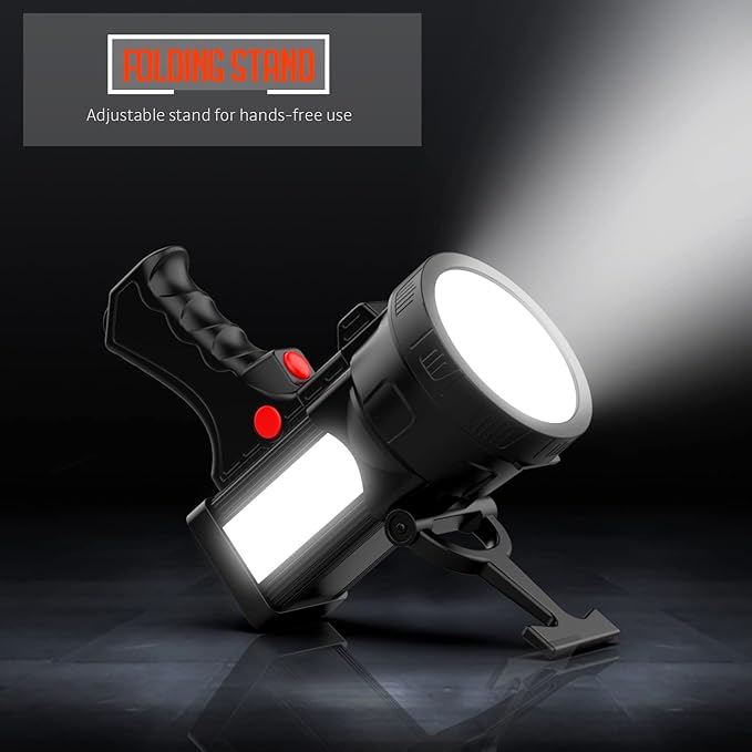 BIGSUN Q984 Rechargeable Spotlight, High Lumens 1200,000 LED Flashlight with Multifunctional Floodlamp, Built-in 14400mAh Battery Pack, Outdoor Handheld spot Light, for Farm, Hunting,Camping, Car,Boat