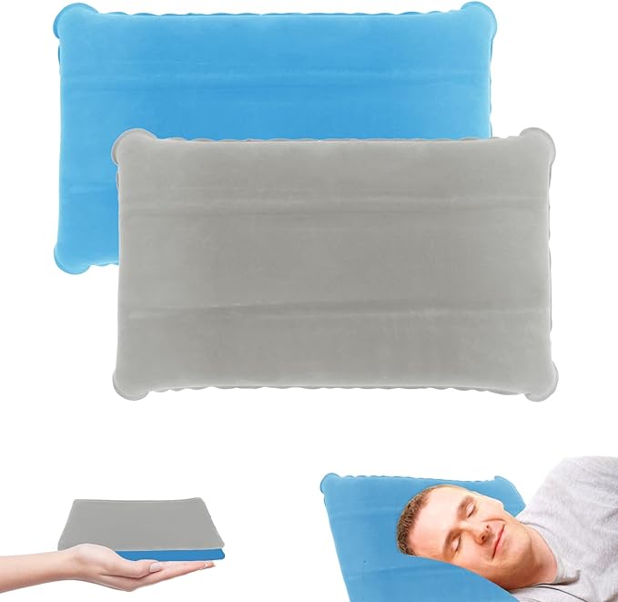 2 Pack Ultralight Inflatable Camping Pillows for Sleeping & Travel, Camp Pillow Backpacking for Sleeping, Inflatable Beach Ergonomic Pillows for Camping Hiking Home Sleeping (Sky Blue+Gray)
