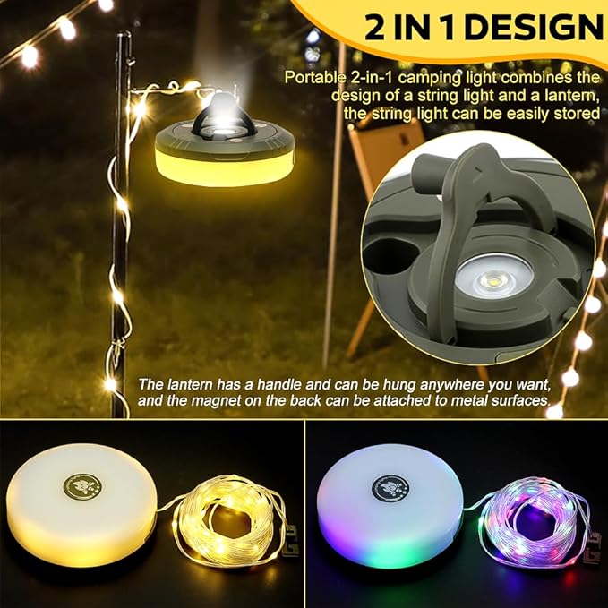 Camping String Lights, 2 in 1 Outdoor Waterproof Camping String Light with 8 Lighting Modes(32.8Ft), Quick 30s Recovery, Type-C Fast Charging Portable LED Tent Light for Camping Yard Hiking