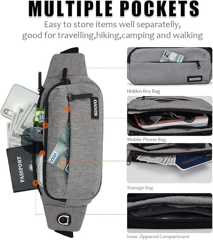 SINNO Large Crossbody Fanny Pack for Women Men Belt Bag With 4-Zipper Pockets for Travel Running Hiking Workout Dog Walking Outdoors Sport Fishing Waist Pack Bag Carrying All Phones