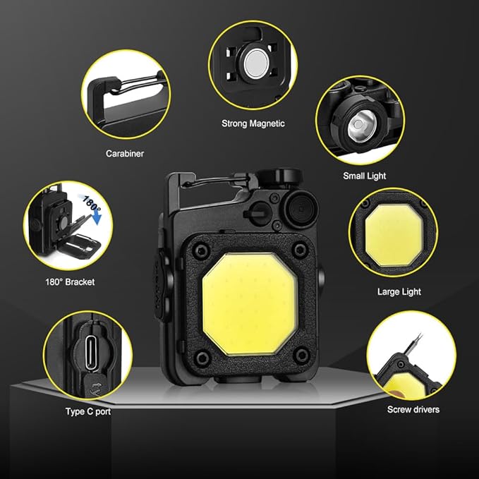 2 Pack Cob Keychain Flashlight,1000 Lumens Bright Rechargeable LED Flashlight, Small Flashlight with Bracket and Screwdriver, Emergency Light for for Fishing,Camping,Hiking and Walking