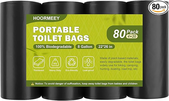 Portable Toilet Bags for Camping|80 Liners Toilet Replacement Bags | 100% Compostable & Biodegradable, 8 Gallon Thickened Bucket Liner for Outdoor Boating Trip, Trash Bags Plastic Free