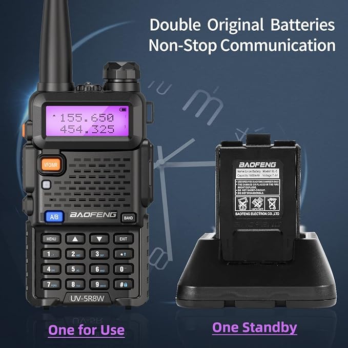 Baofeng UV-5R 8W Ham Radio Handheld Long Range UV5R Two Way Radio with Double Battery Extra Programming Cable Speaker Mic Rechargeable Walkie Talkies (Black-8W 1Pack Full Kits)