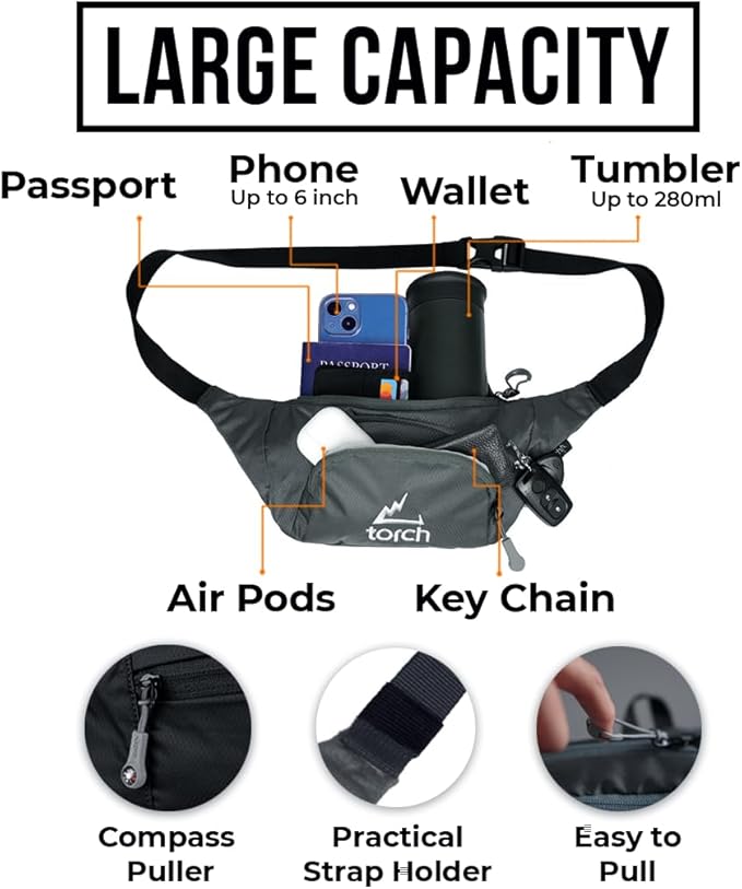 TORCH Belt Bag for Men - Fanny Pack Men Women with Compass Survival, Small Lightweight Hip Pack for Gym, Running, Hiking, Biking, Dog Walking - Vallejo (Grey)