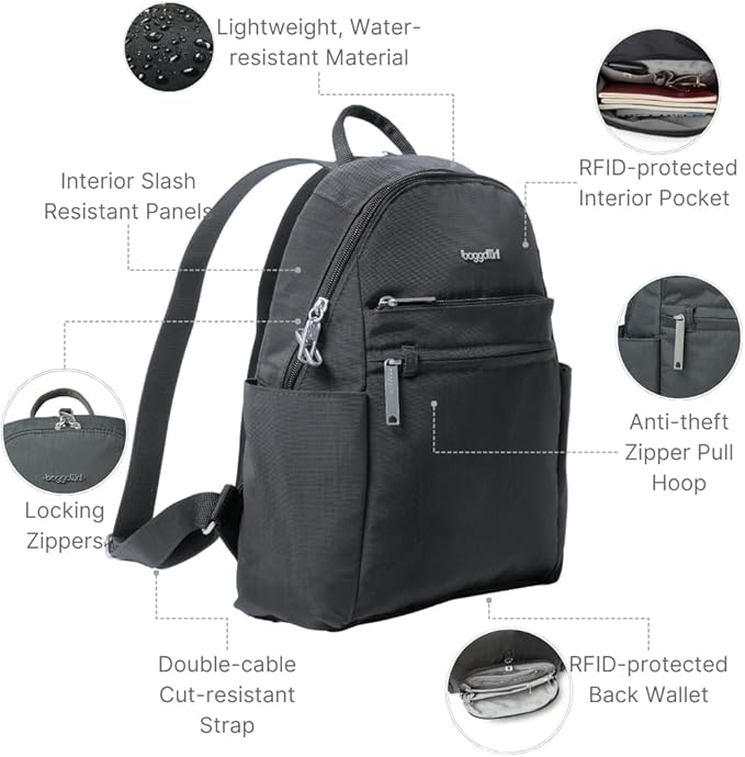 Securtex® Anti-theft Vacation Travel Backpack 10x13" Slash-Resistant Nylon Daypack w/RFID, Charcoal