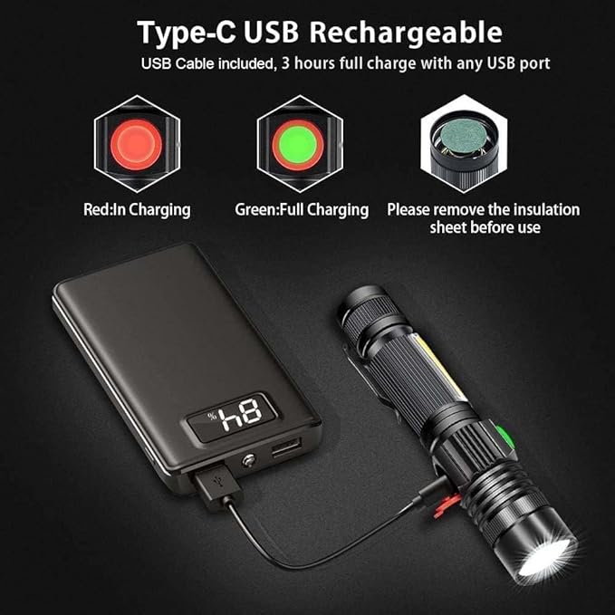 Flashlight USB Rechargeable, Magnetic LED Flashlight, Super Bright Tactical Flashlight with Cob Sidelight, 2000LM, Waterproof, Zoomable Best Small Flashlight for Camping, Emergency Flashlight