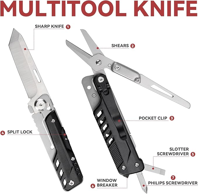 Multi-Tool Pocket Knife, JIANSLIFE Camping Multitools with Clip, Removable Folding Knife, Scissors, Screwdrivers and Glass Breaker, Black