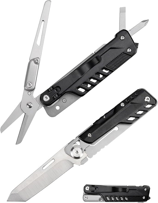 Multi-Tool Pocket Knife, JIANSLIFE Camping Multitools with Clip, Removable Folding Knife, Scissors, Screwdrivers and Glass Breaker, Black
