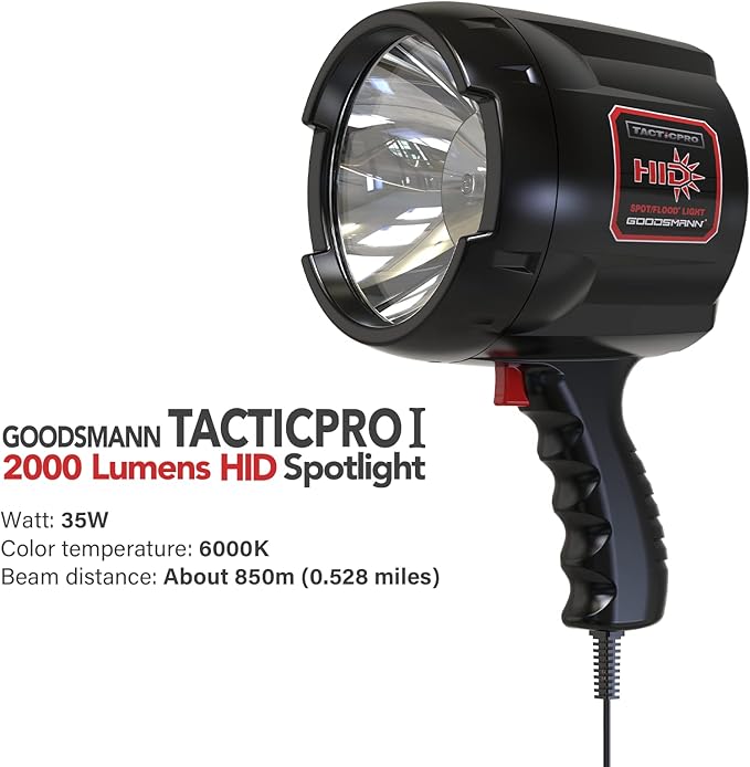 GOODSMANN HID Handheld Adjustable Spotlight/Floodlight 2000 Lumen 12V Plug in Spotlights for Boat Marine Corded Spot Light 929 Yards Car Charger Searchlight for Hunting/Camping/Hiking/Garage/Fishing