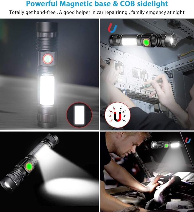 Flashlight USB Rechargeable, Magnetic LED Flashlight, Super Bright Tactical Flashlight with Cob Sidelight, 2000LM, Waterproof, Zoomable Best Small Flashlight for Camping, Emergency Flashlight