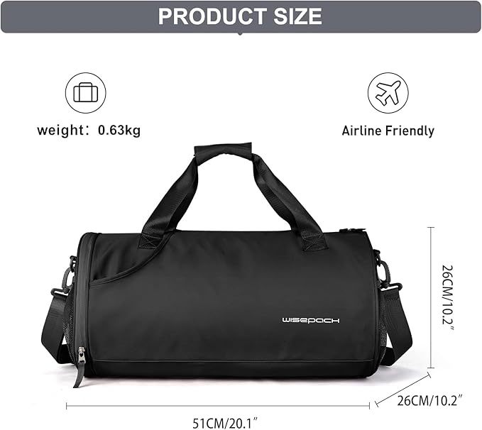 Gym Bag for Women & Men with Wet & Shoe Compartment - Small Duffle Bag for Travel, Sport, Gym, Workout & Overnight Use - Black