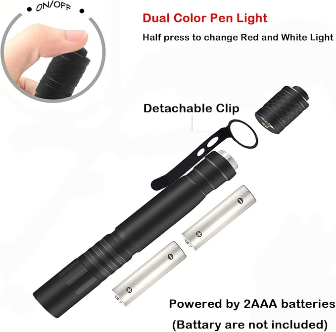 Dual Color Red Light Flashlight with White Light LED Pocket Pen Light for Night Astronomy Aviation Camping, 2PCS