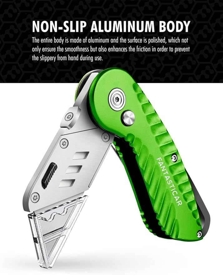 FantastiCAR Folding Utility Knife, Quick Blade Change Box Cutter, Anti-slip Metal Body, with Safety Lock and 5 Extra Blades (Spring Green)