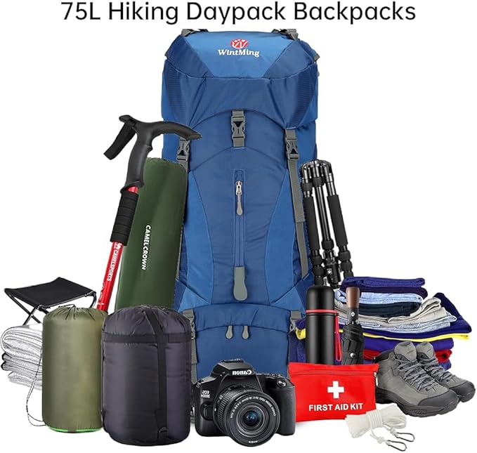 King'sGuard Hiking Backpack for Men and Women 70L+5L Waterproof Lightweight Camping Daypack with Rain Cover for Outdoor Travel Mountaineering - Frameless (Navy)