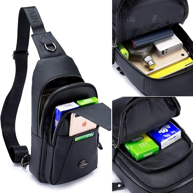KPYWZER Vintage Leather Sling Bag Bags for Men Women Backpack Shoulder Messenger Crossbody Outdoor Travel Hiking Camping Tactical Chest Pack Daypack Black