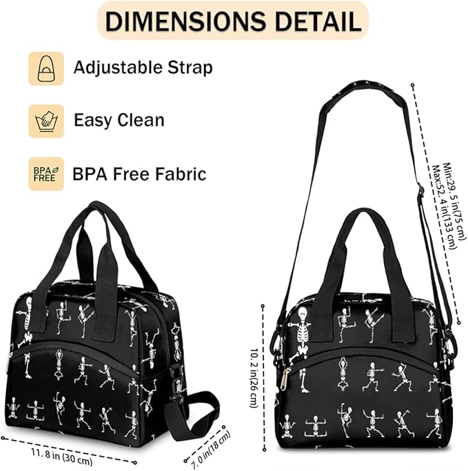 Black and White Skull Insulated Lunch Bags for Women Men Adult Skeleton Goth Reusable Lunch Tote Therma Cooler Bag with Shoulder Strap Lunch Box for School Work Office Picnic Meal Prep Bag