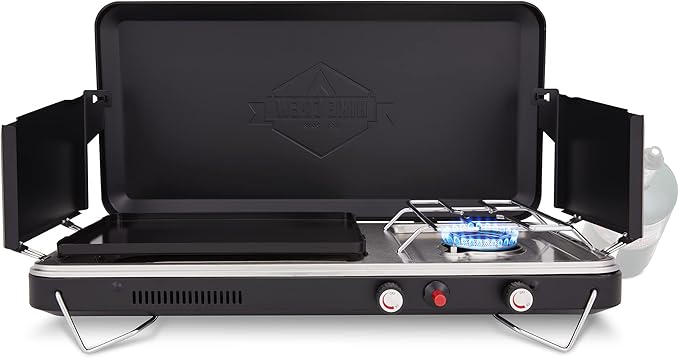 Hike Crew 2-in-1 Gas Camping Stove | Portable Propane Grill/Stove Burner w/Integrated Igniter & Stainless Steel Drip Tray | Built-in Carrying Handle, Foldable Legs & Wind Panels | Includes Regulator