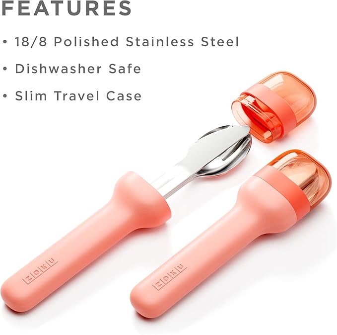 Zoku Pocket Utensil Set, Peach | Stainless Steel Fork, Knife, and Spoon Nest in Hygienic Case | Portable Design for Travel, School, Work, Picnics, Camping and Outdoor Home Use