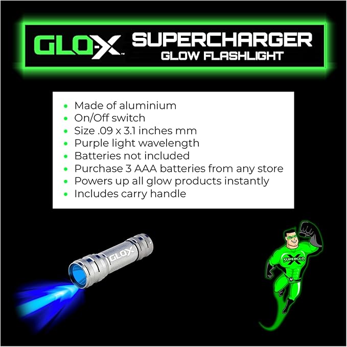 GLO-X Supercharger UV Black Light LED Flashlight - Powerful High-Intensity Blacklight Charges All Glow in The Dark Products for Glow-in-The-Dark Paint, Charms, Fishing and Camping