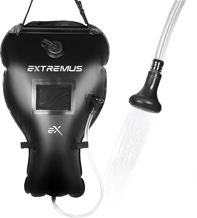 Extremus Camping Shower Bag, Camp Shower Bag, Durable, Leak-Proof Design with Thermometer, Removable Hose, and On-Off Switchable Shower Head, Portable Solar Shower for Camping